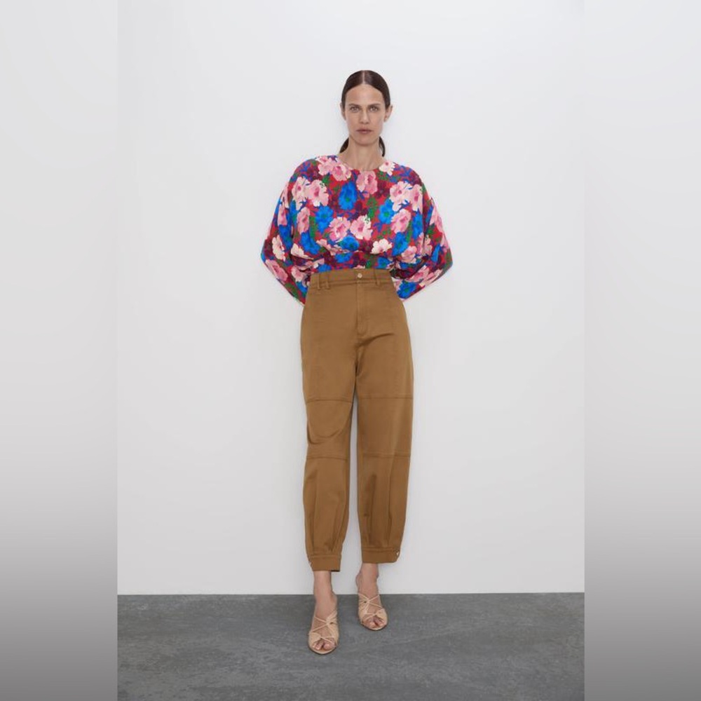 ZARA High RiseSnap Button Ankle Pockets Utility Pants Taupe Brown